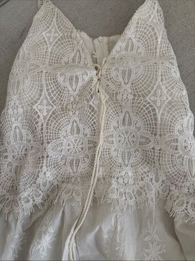 Ivory Lace V-Neck Dress with Crochet Bodice
